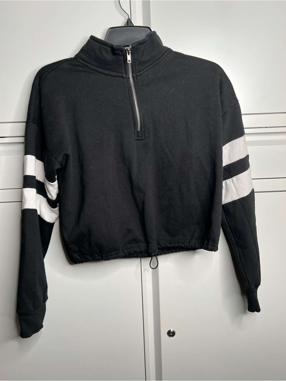 ☀️Hippie Rose Black Cropped Half-Zip Sweater with White Sleeve Stripes